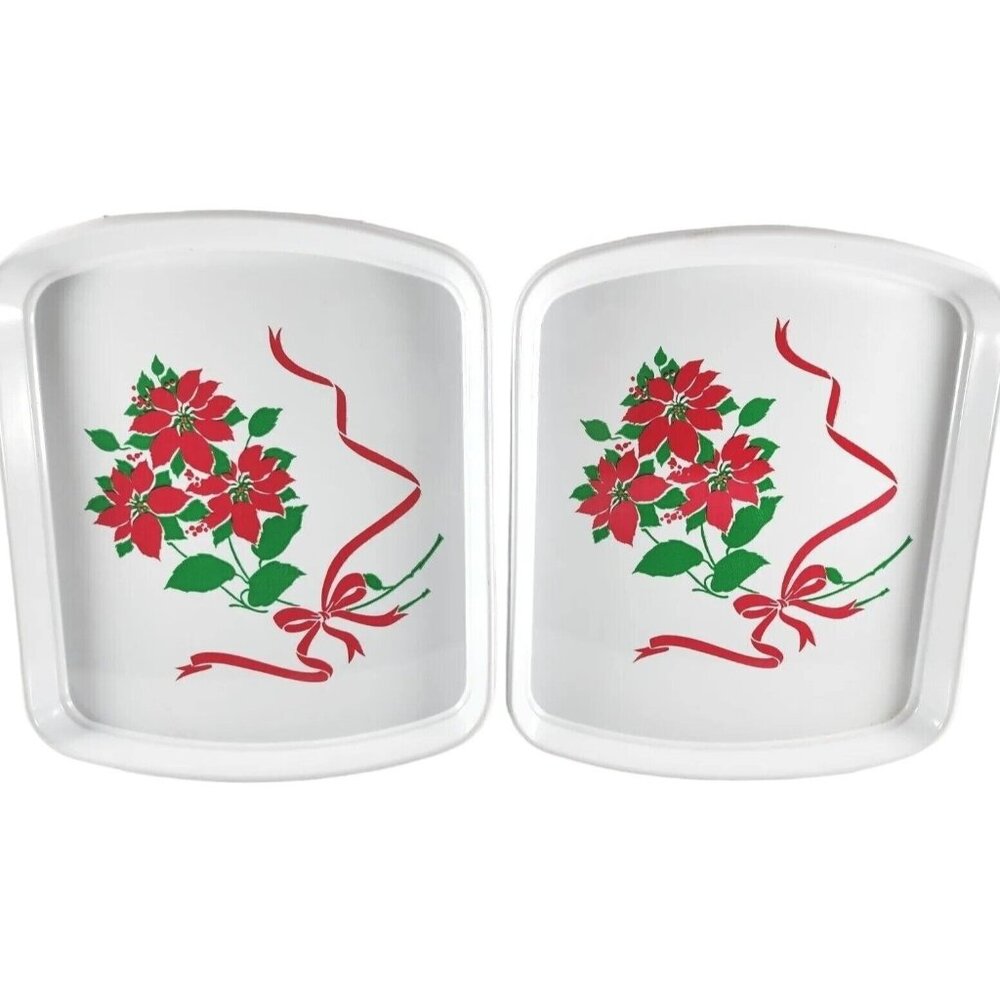Lot Of 2 Vintage Christmas Poinsettia Rectangle Trays Berman Industries Plastic
